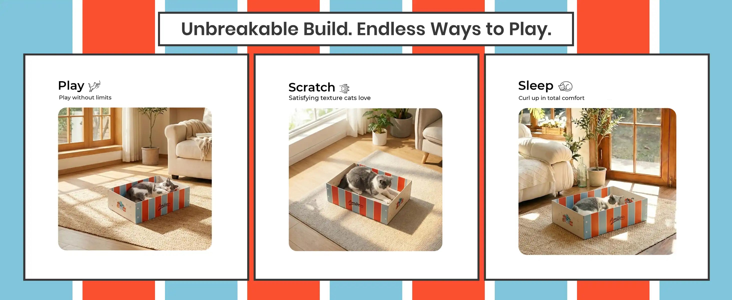 Promotional graphic for a product with images of a living room, a cat playing, and a bedroom.