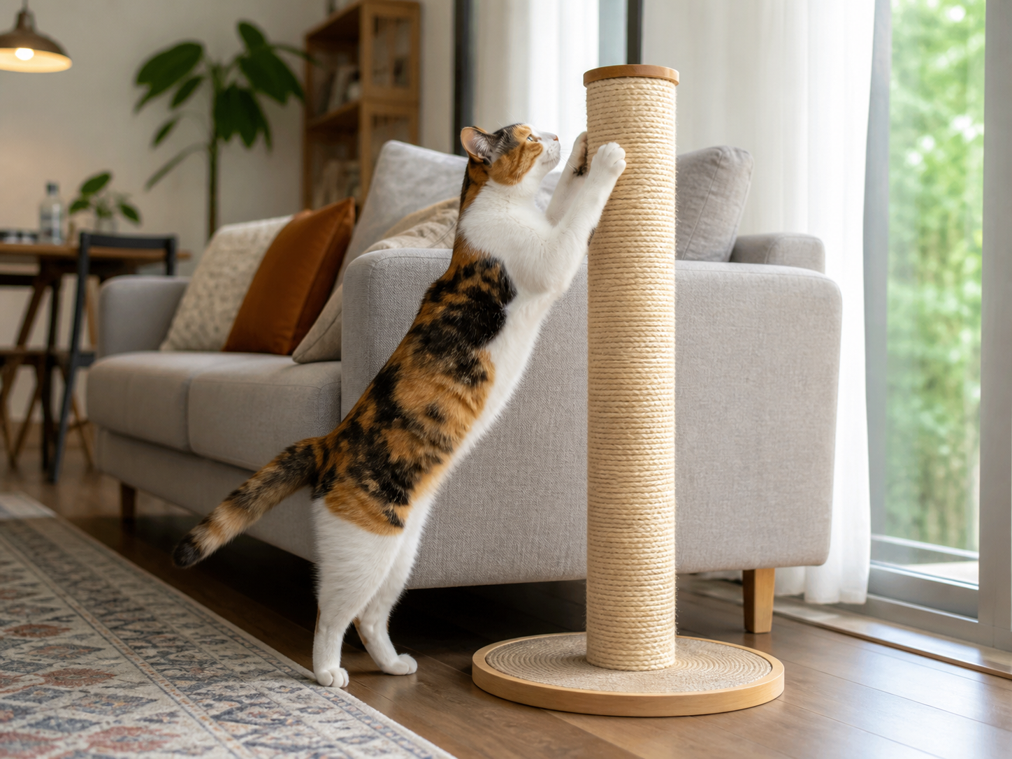 Calico cat stretching vertically on a tall scratching post beside a sofa and window