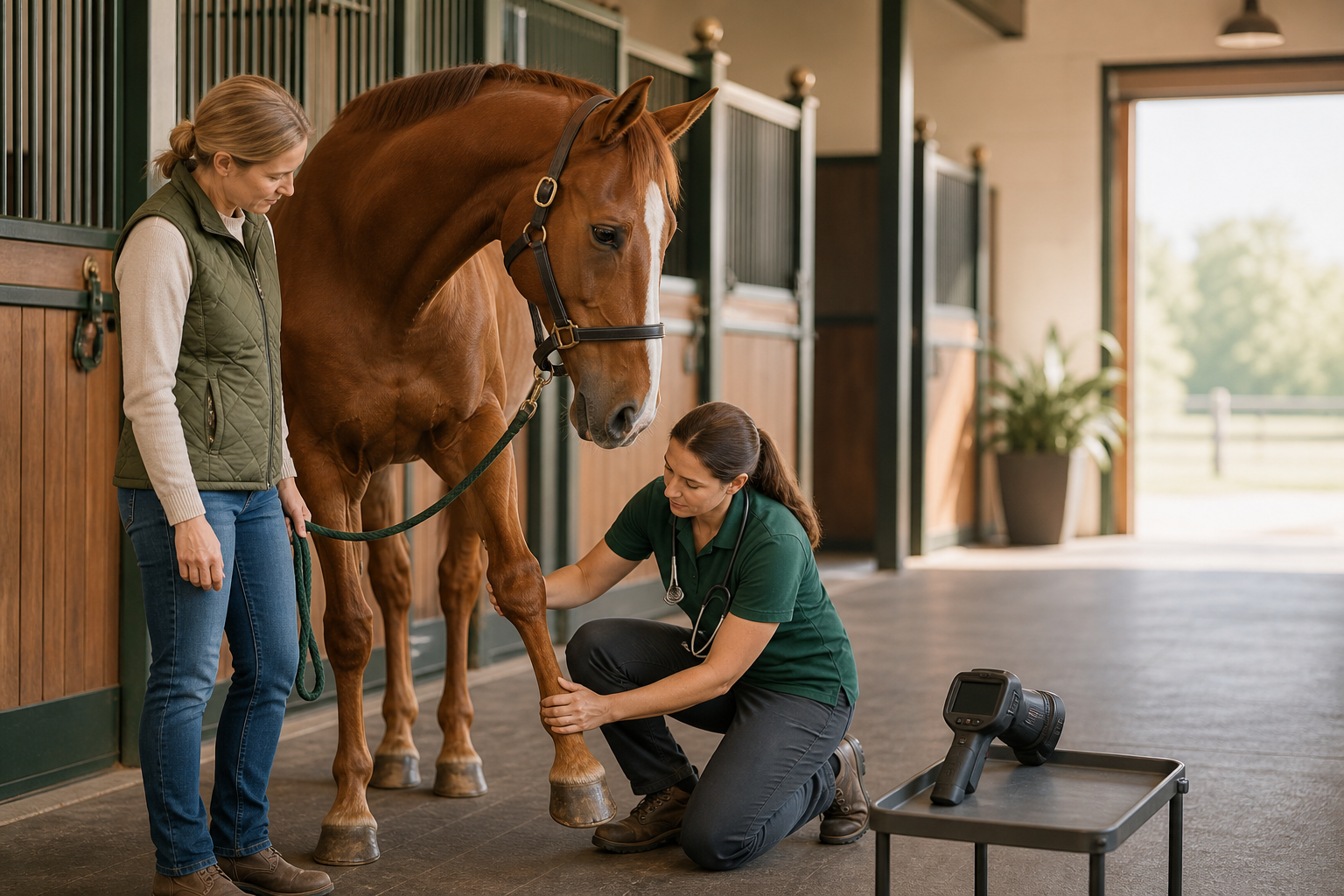 Editorial illustration of a veterinarian examining a chestnut horse's foreleg while the owner holds the lead