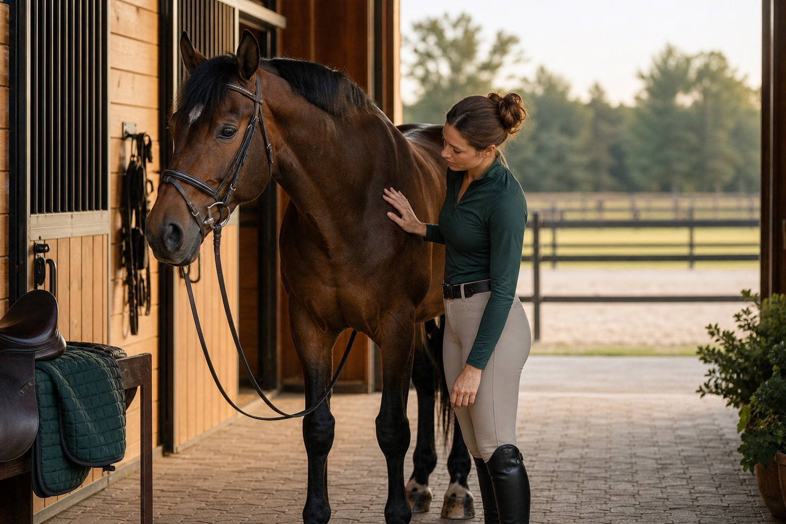 Rider checking a bay horse during a calm post-ride cool-down at the stable