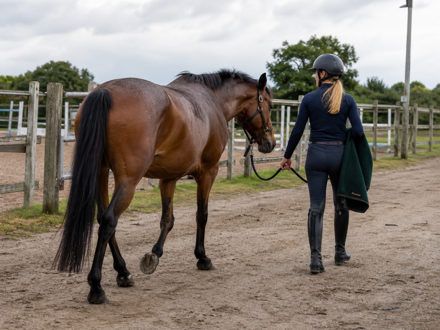Rider hand-walking a bay horse during a calm post-ride cool-down