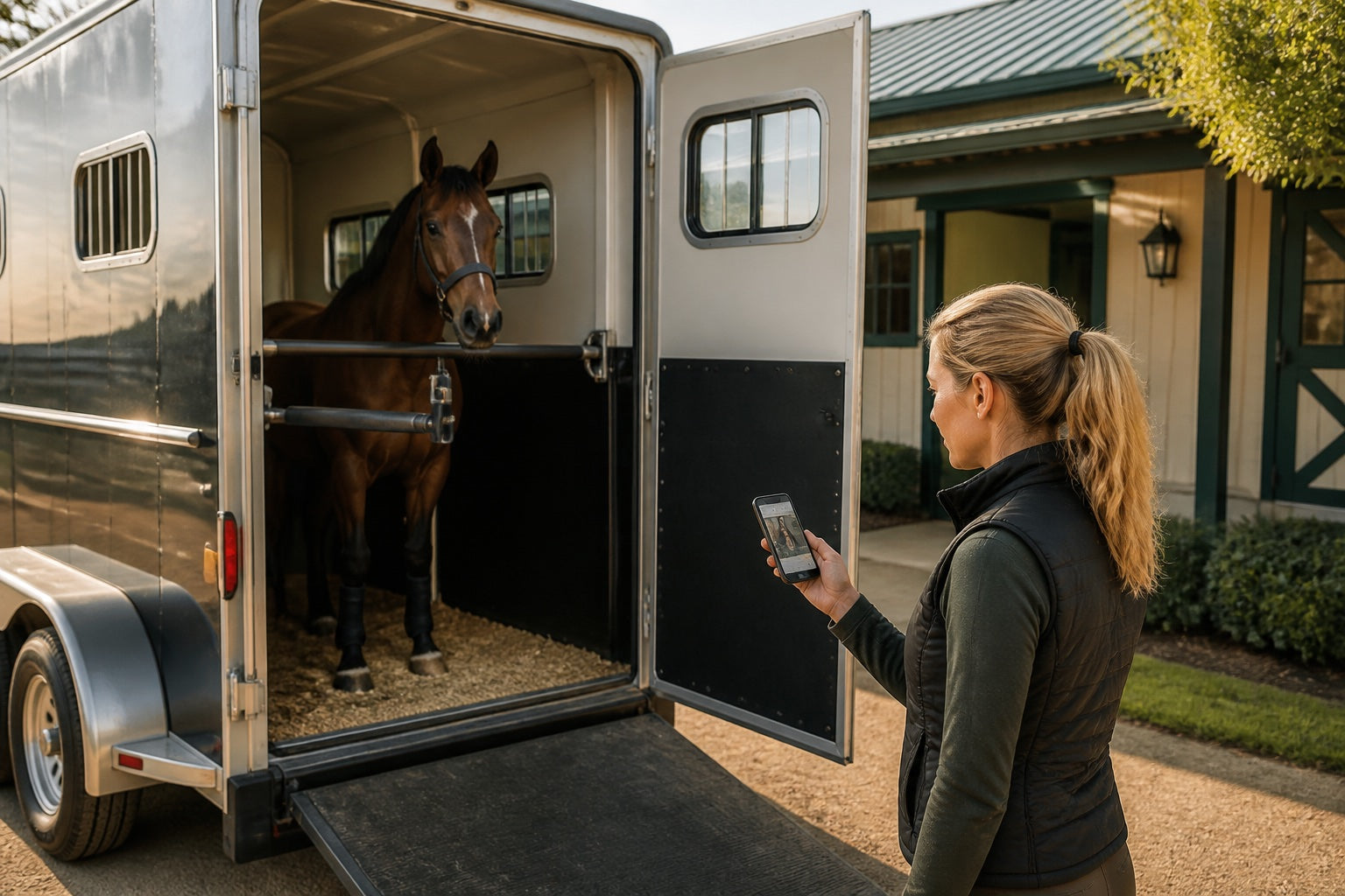 Horse owner checking a horse inside a parked trailer before departure