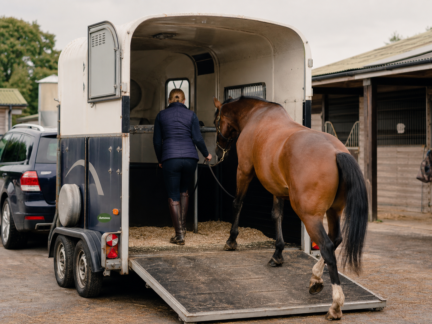 Handler calmly leading a bay horse into an open horse trailer