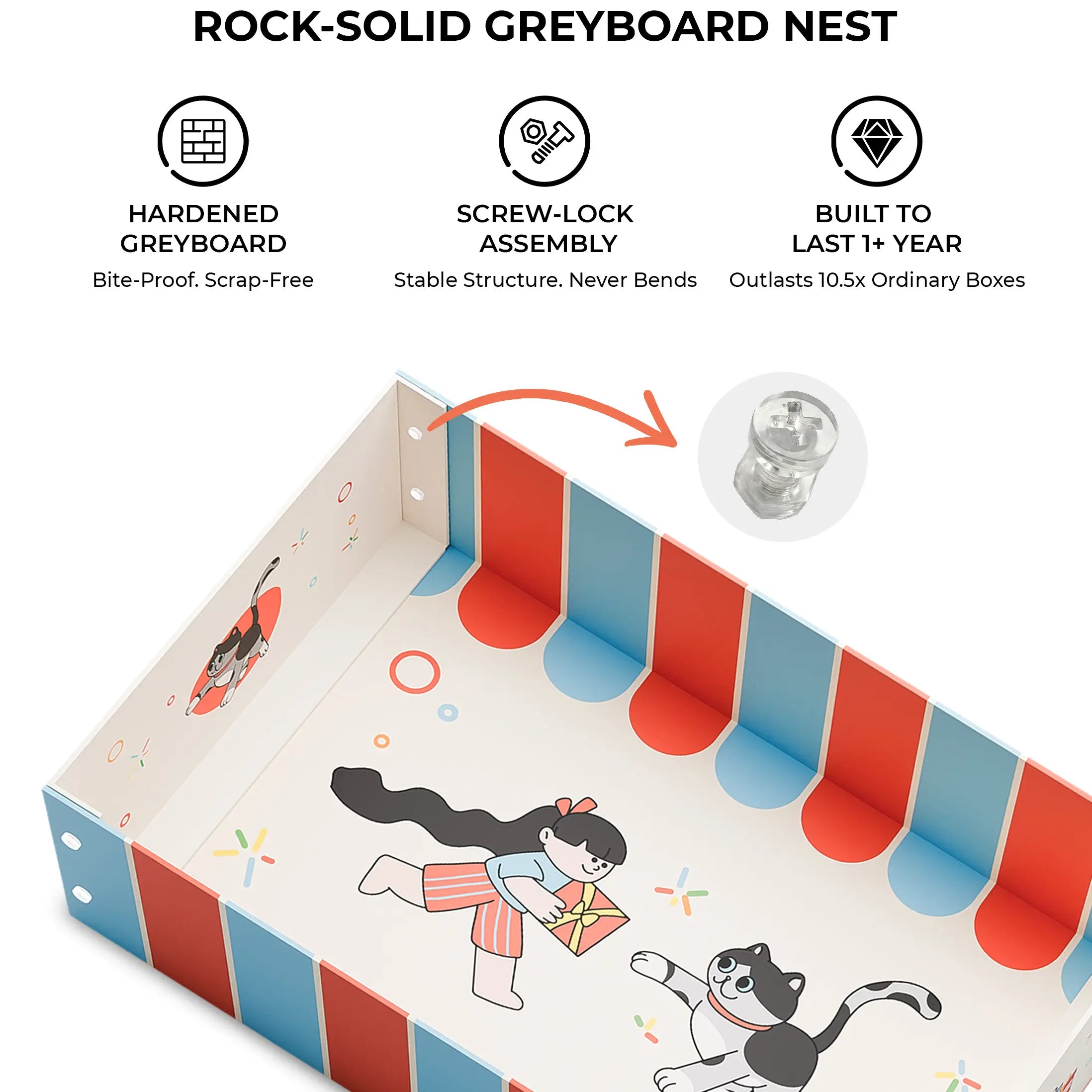 Children's illustration on a red and blue striped box with text about rock-solid greyboard nest features.