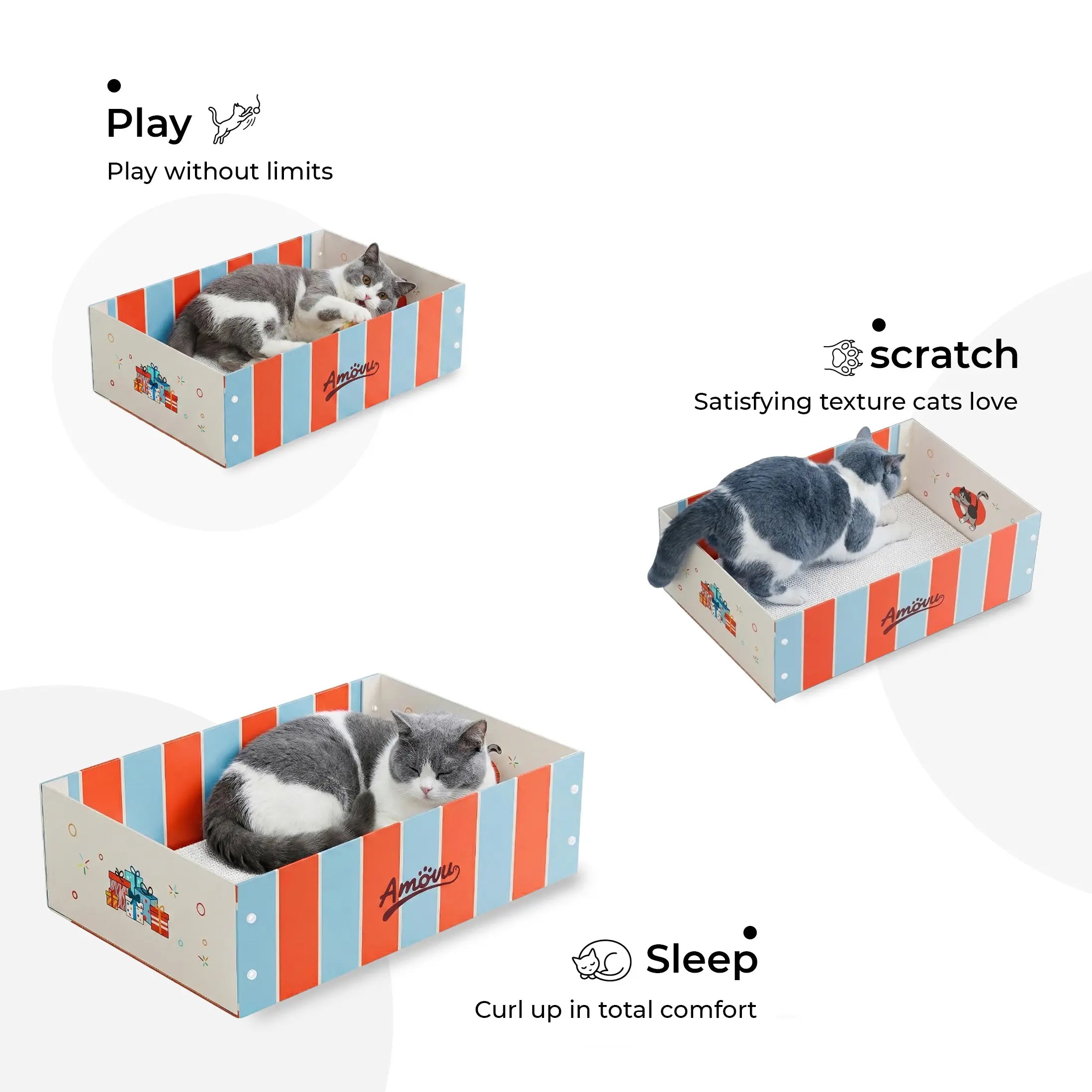 Three cat beds with cats inside, labeled for play, scratch, and sleep.