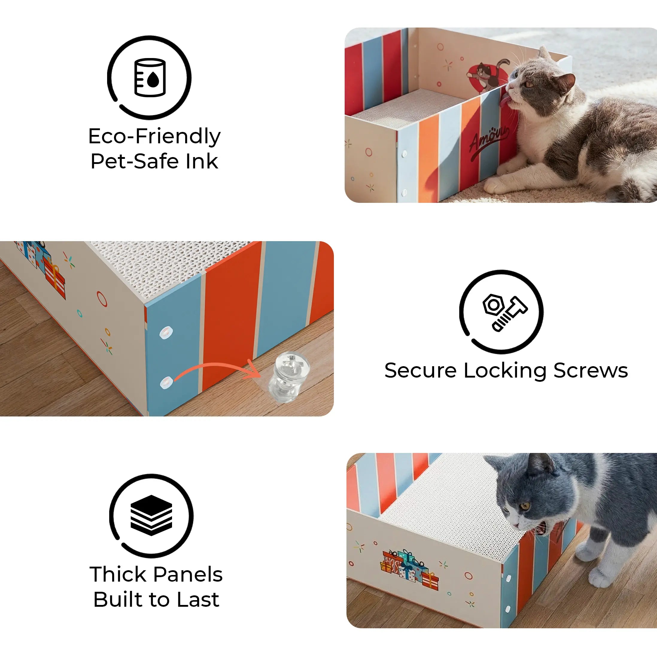 Cat playing with a colorful cardboard box, highlighting eco-friendly ink, secure locking screws, and thick panels.