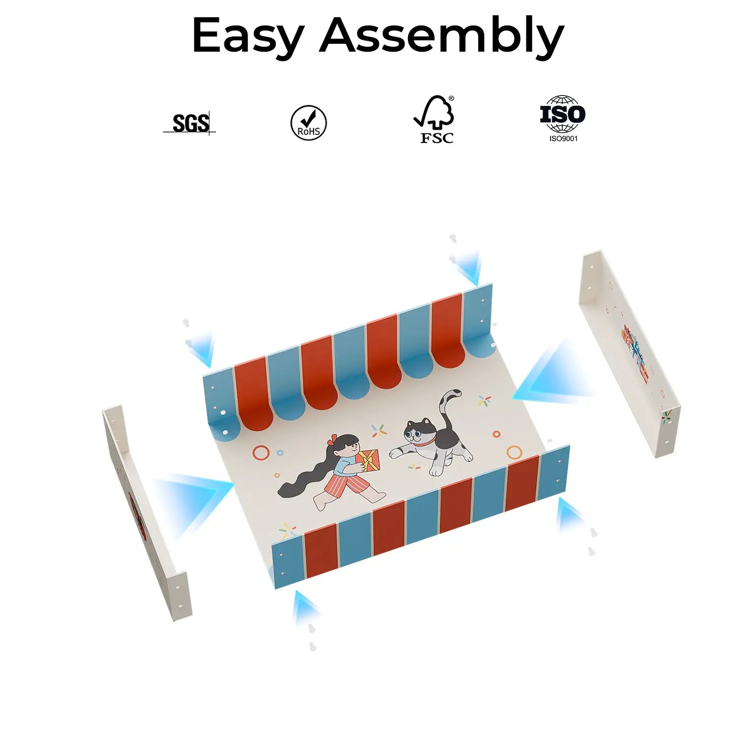 Cat box with a red and blue striped roof, featuring SGS, BSCI, FSC, and ISO logos, with 'Easy Assembly' text above.