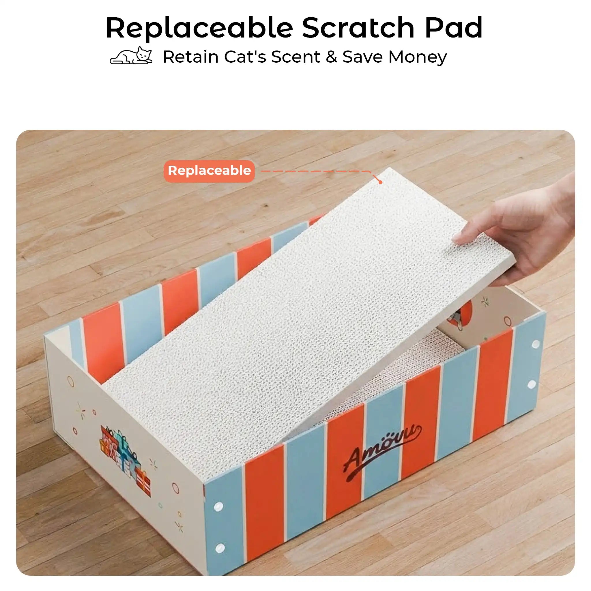 Cat scratch pad with replaceable top layer on a wooden floor, featuring the brand 'Amore'.