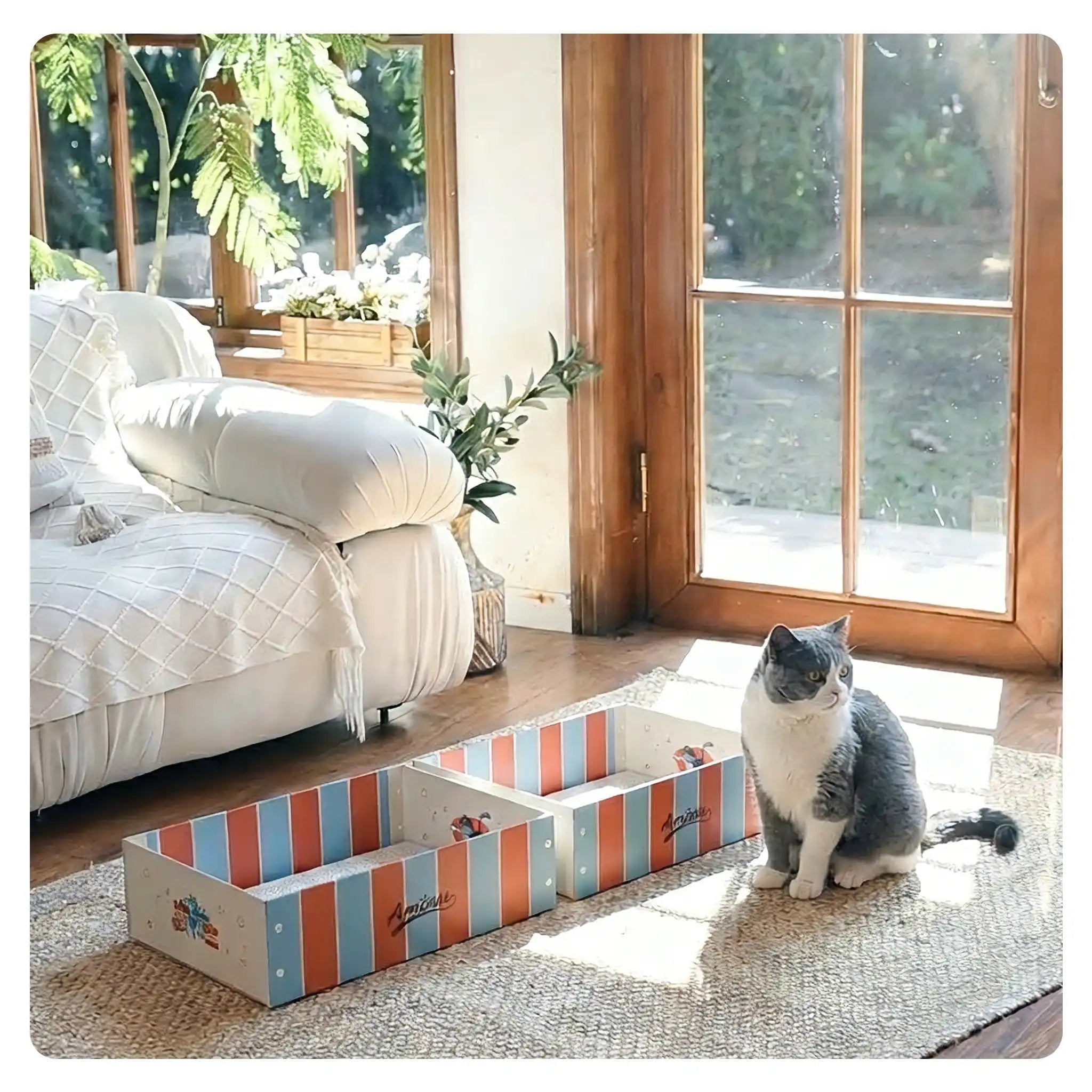 Cat sitting on a striped cardboard box in a living room with a white armchair and large windows.
