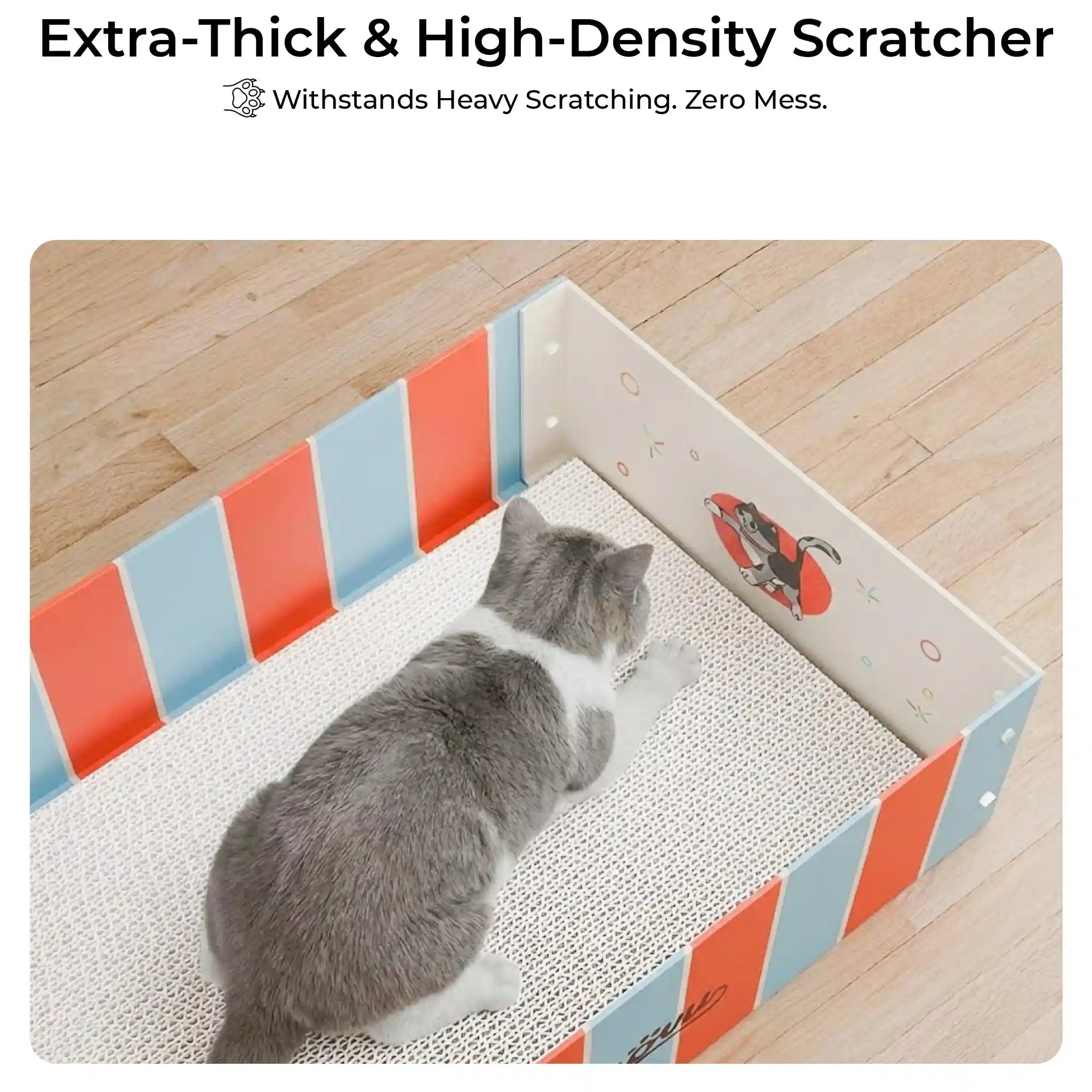 Cat using a striped cat scratcher with text highlighting its features.