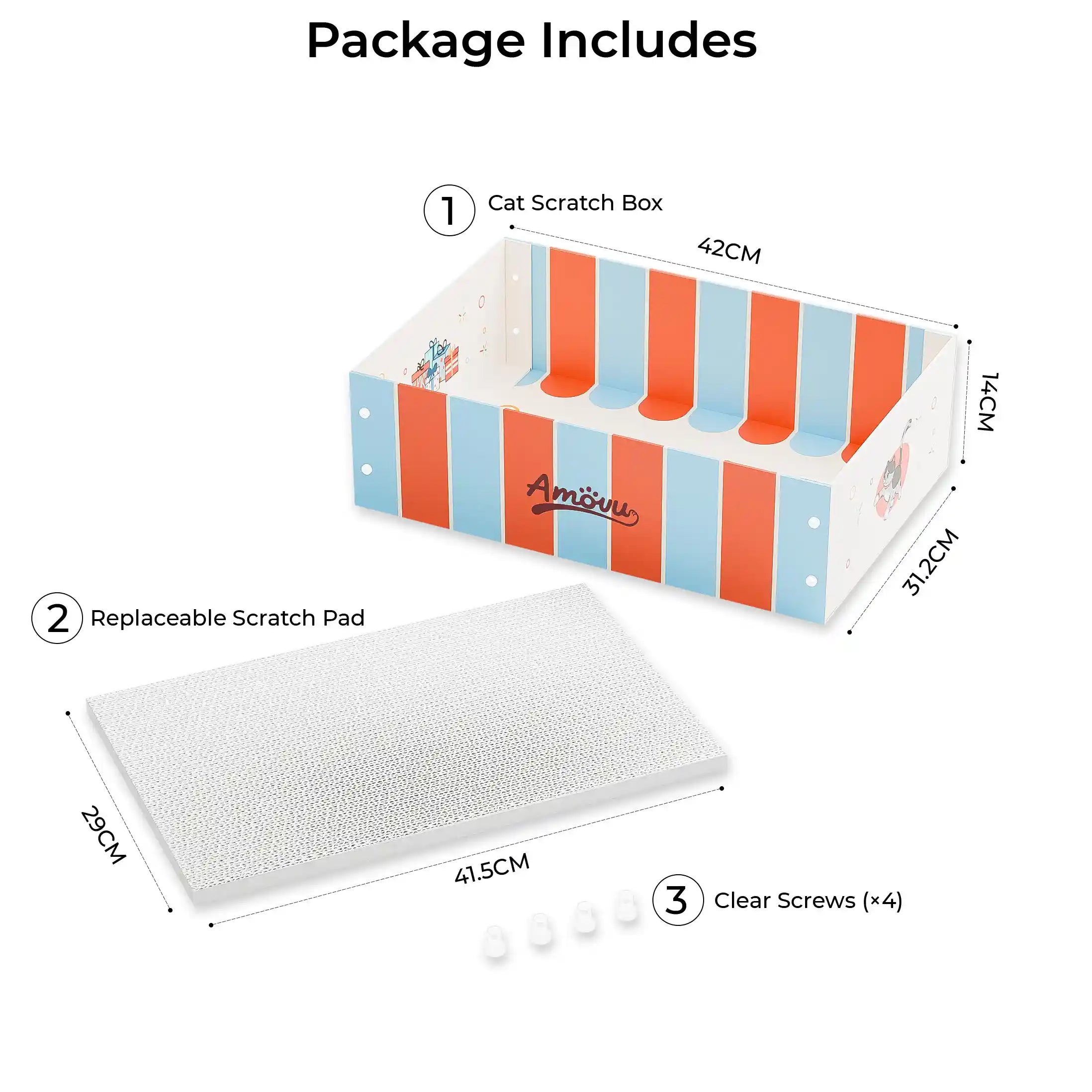 Cat scratch box with replaceable scratch pad and screws, labeled 'Package Includes'.