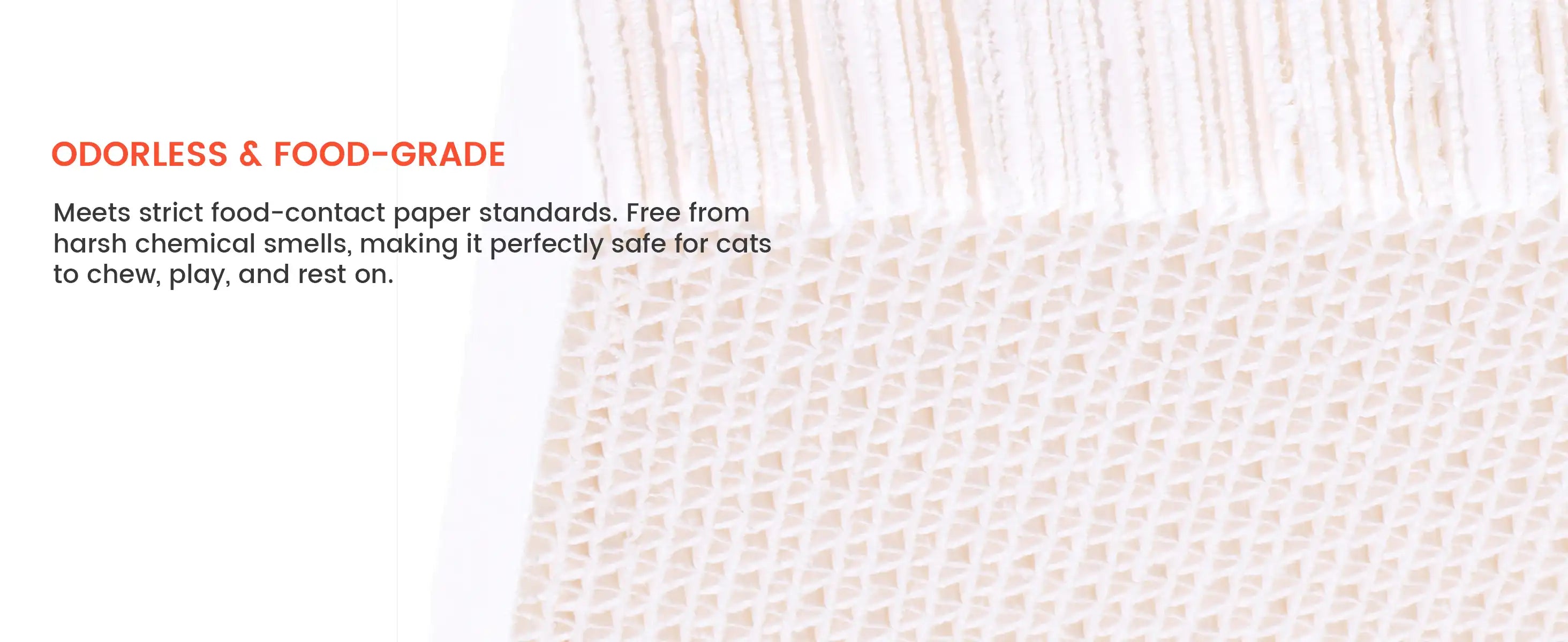 Text about odorless and food-grade paper with a close-up of the paper texture.