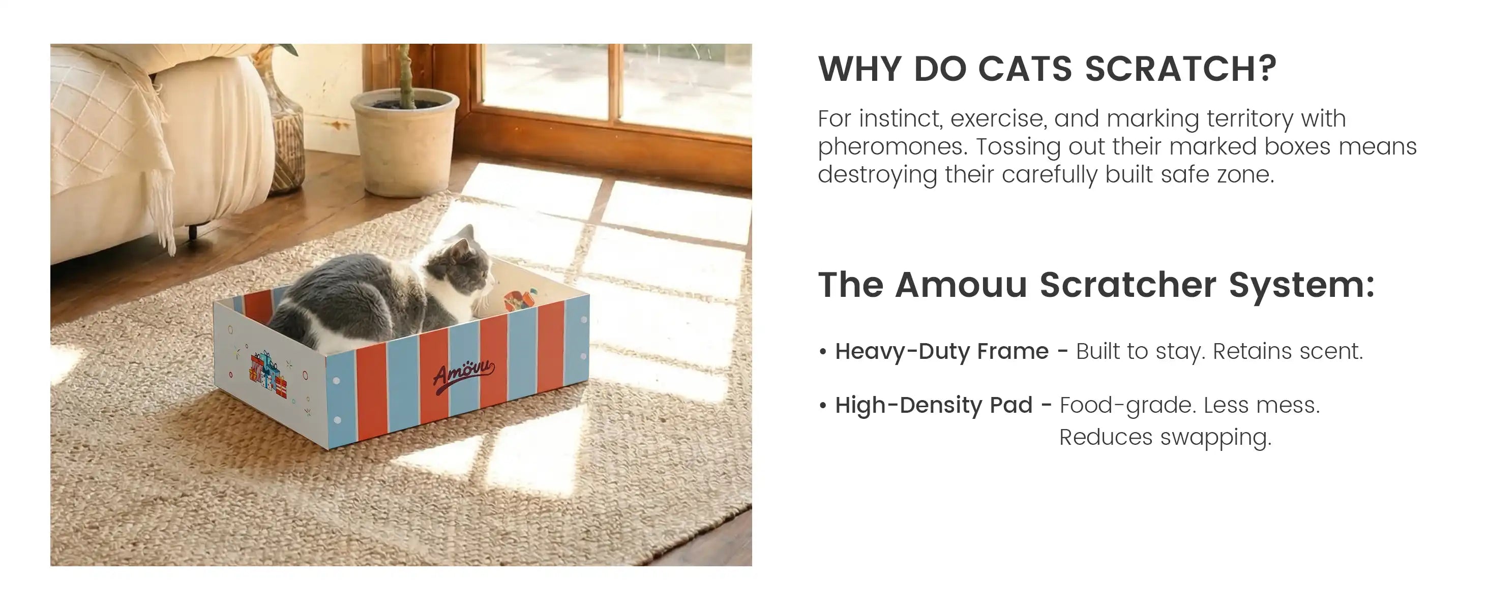 Cat using a colorful scratcher box with text explaining cat behavior and the Amouu Scratcher System.