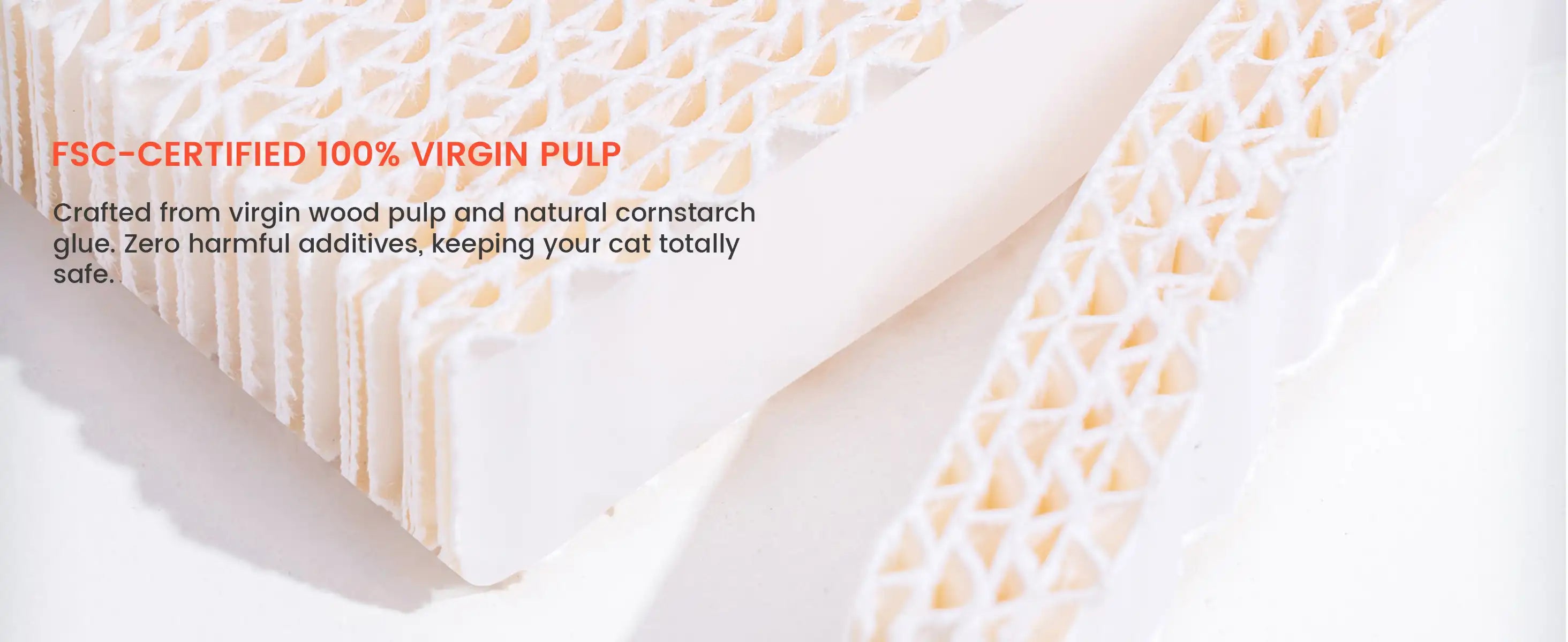 Close-up of a product with FSC-certified 100% virgin pulp text on a white background