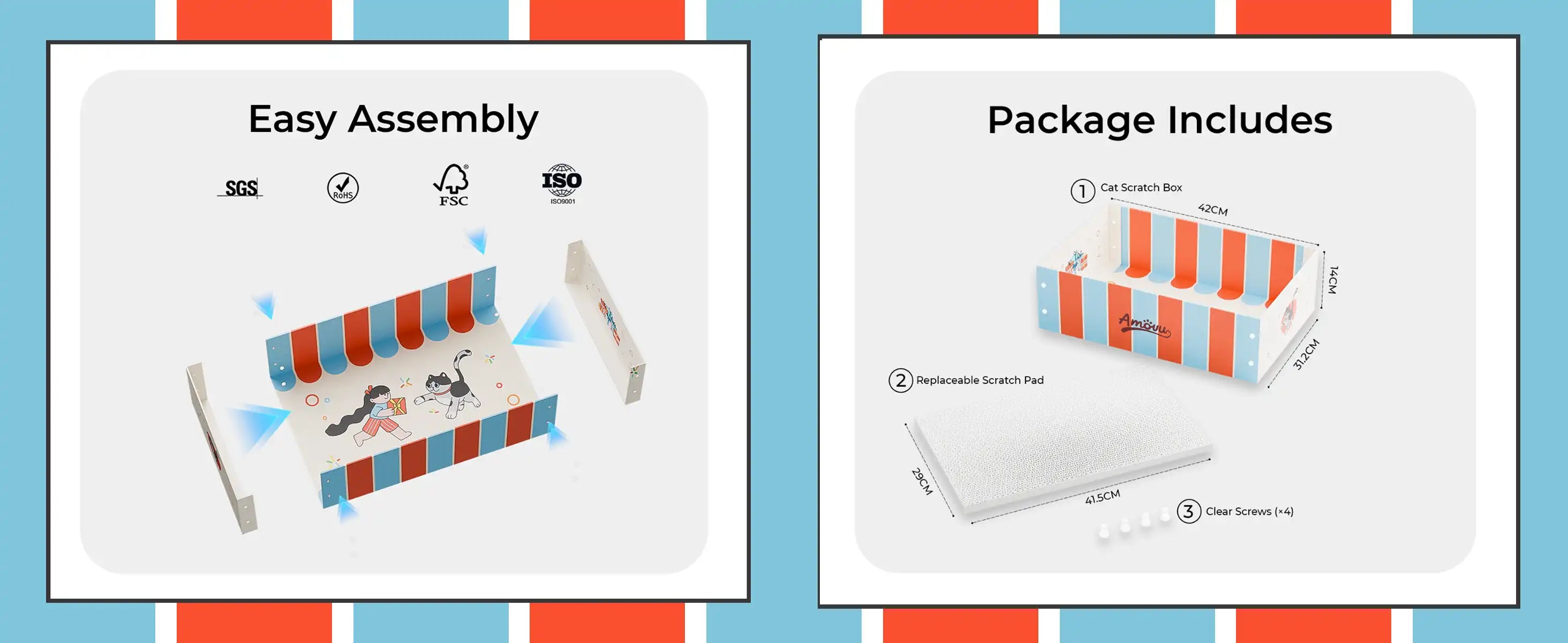 Product packaging with assembly instructions and included items on a blue and red striped background.