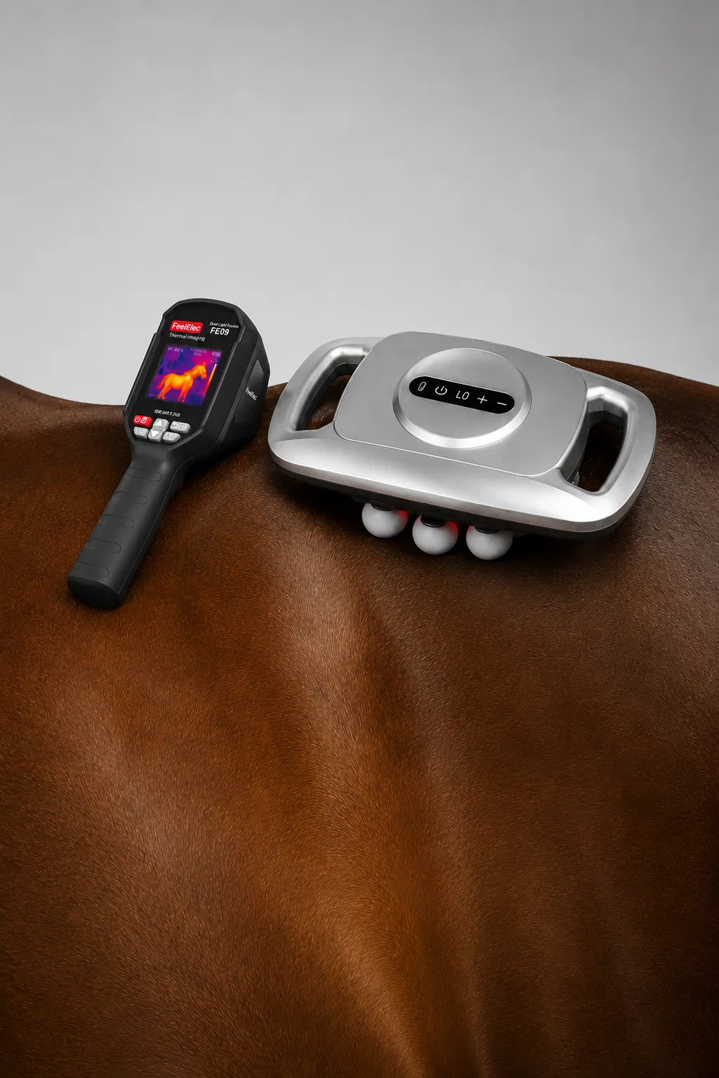 Electronic device on a horse's back with a neutral background