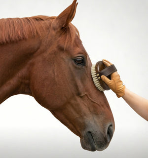 Person grooming a horse with a brush on a white background