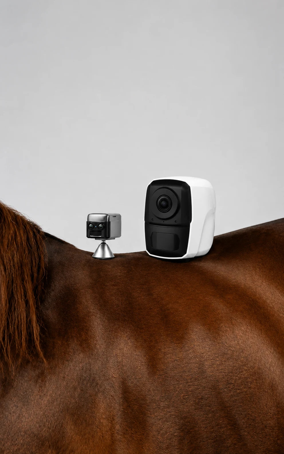 Camera device on a horse's back against a gray background