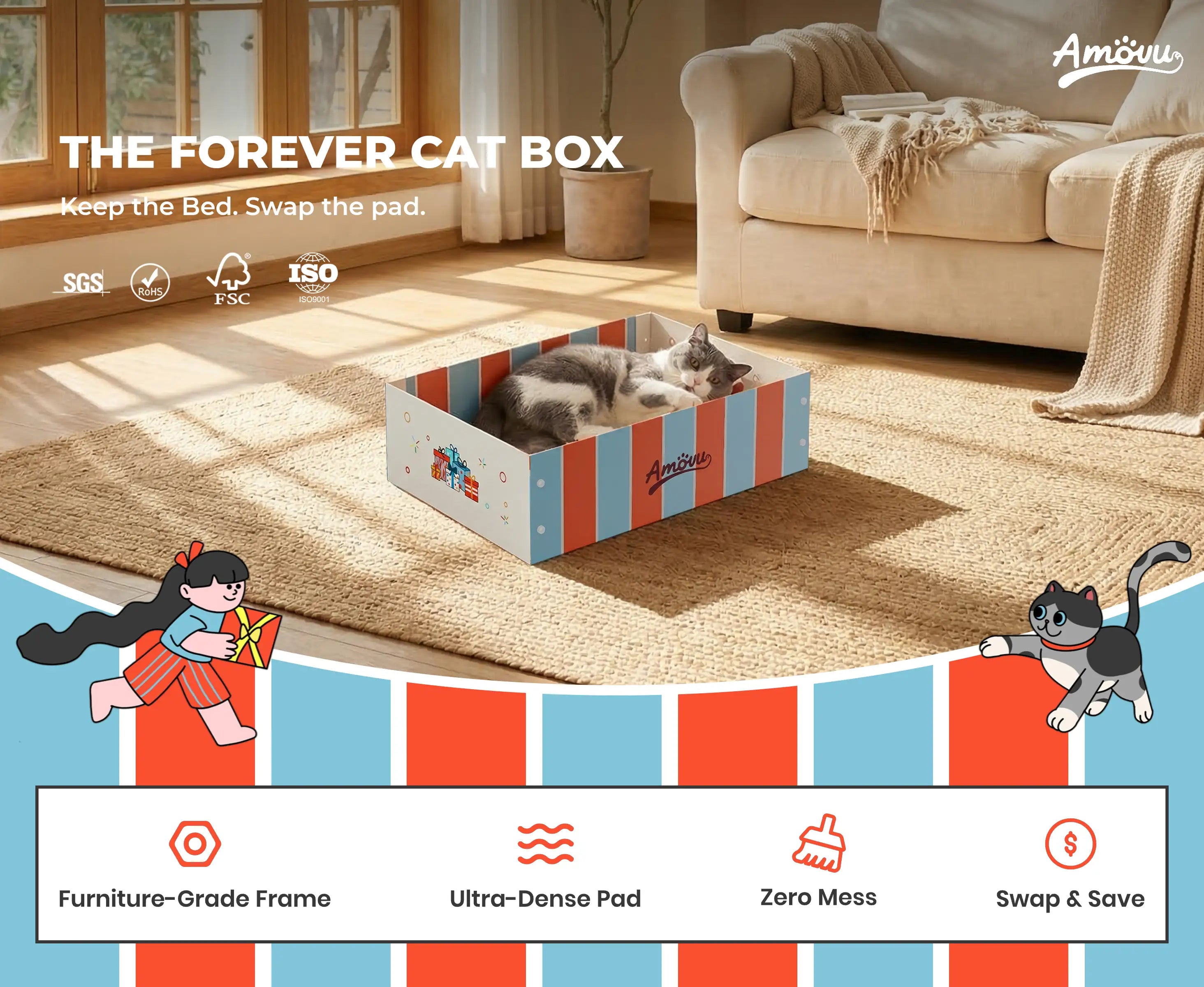 Cat playing in a striped cat box with a living room background, featuring the brand 'Amouu'.