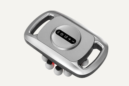 Metallic device with digital display and control buttons on a white background